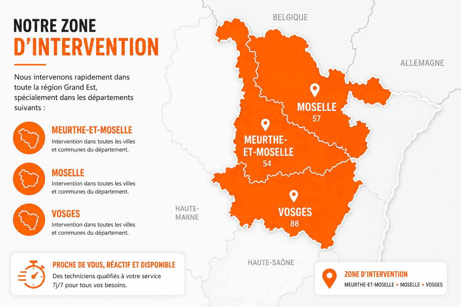 Carte des départements Meurthe-et-Moselle, Moselle et Vosges montrant la zone d’intervention de l’entreprise OTT DEM spécialisée en dératisation, désinsectisation et lutte contre les nuisibles